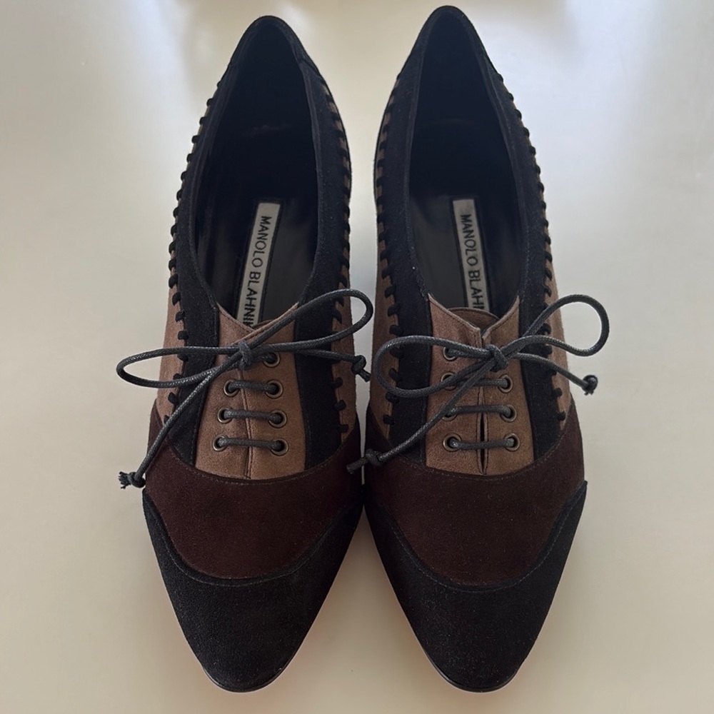 NWOT Manolo Blahnik Brown & Black Suede Heels 36 1/2